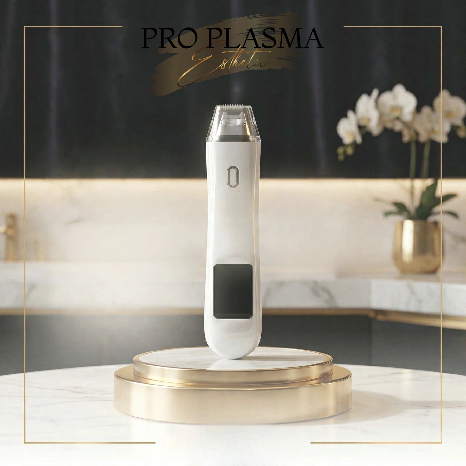 Pro Plasma Esthetic T33 device displayed on a champagne-colored pedestal in a treatment-room setting